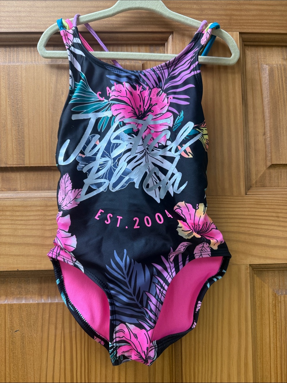 Justice Black One-Piece Swimsuit with Pink Tropical Floral Print